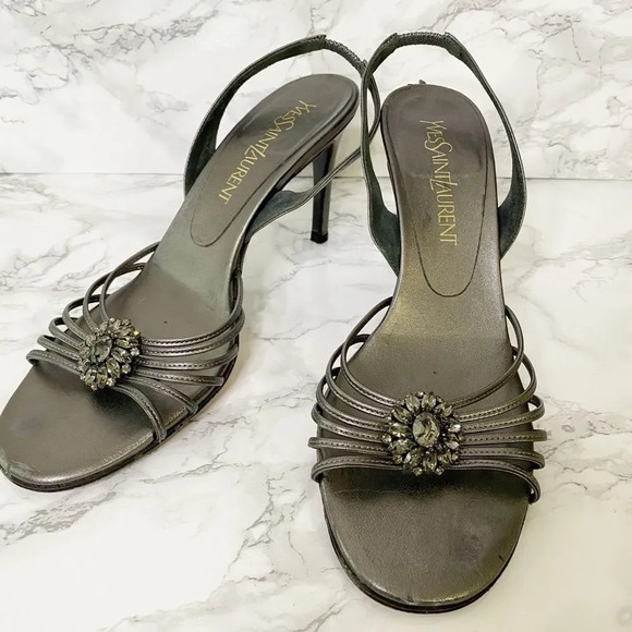 Yves Saint Laurent Grey‎ Silver Leather Crystal Embellishment Heels Size 8 - Picture 2 of 9